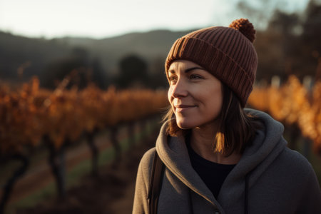 Portrait of a beautiful woman in a hat and coat in the vineyardの素材