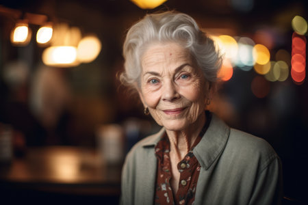 Portrait of a smiling senior woman in a cafe at night.の素材