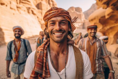 Portrait of a smiling young man with a group of tourists in Petra, Jordanの素材