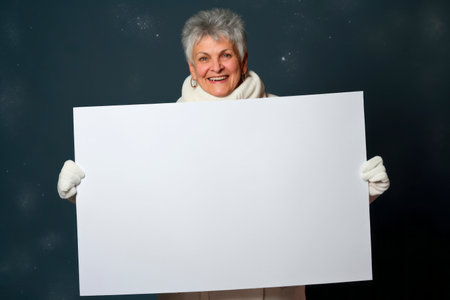 Senior woman holding a white sheet of paper on a dark background.の素材