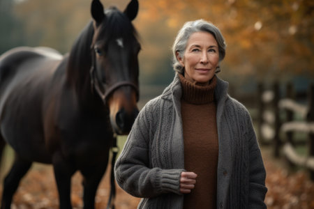 Mature woman with a horse in an autumn park. Selective focus.の素材
