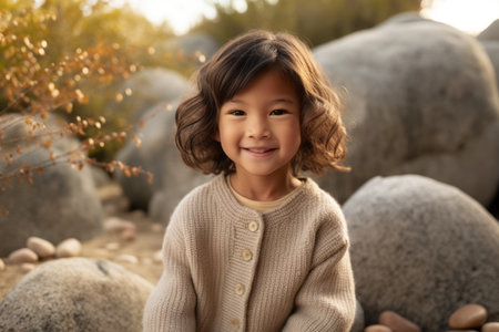 Cute little girl in park on sunny day, focus on faceの素材
