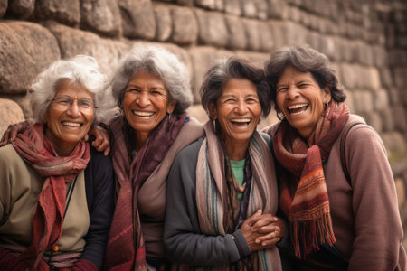 Portrait of senior women smiling at the camera while standing in front of a stone wallの素材