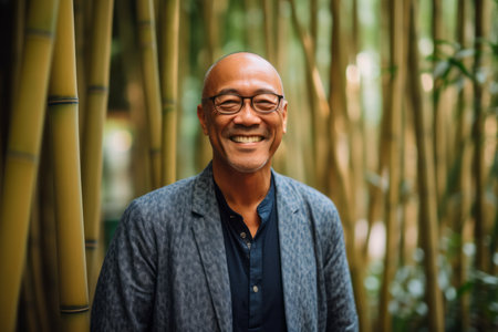 Portrait of happy mature Asian man smiling and looking at camera.の素材