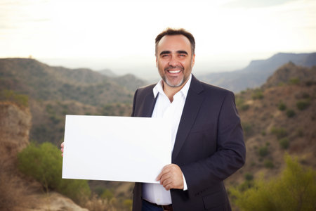 Portrait of a smiling businessman holding a blank sign in the desertの素材