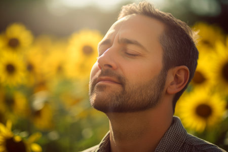 Portrait of a young man in a field of sunflowersの素材