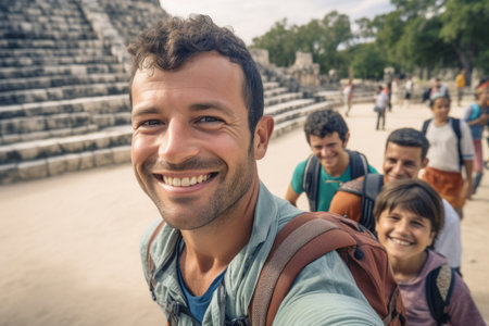 Cheerful young man taking a selfie with his friends at the Teotihuacan archaeological site in Mexicoの素材