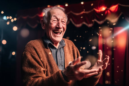 Portrait of a happy senior man in the room with Christmas lights.の素材