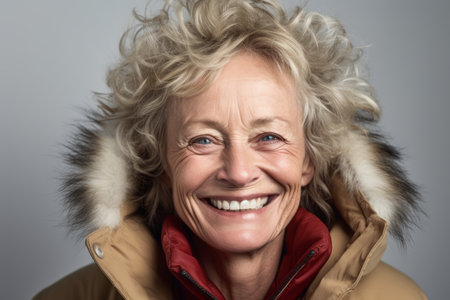 Portrait of a happy senior woman in winter coat smiling at the camera.の素材