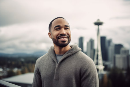 Handsome african american man on rooftop in city.の素材