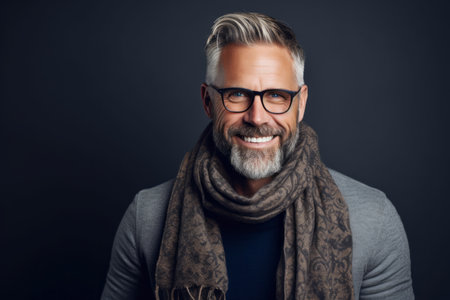 Handsome mature man with gray beard wearing scarf and eyeglasses.の素材