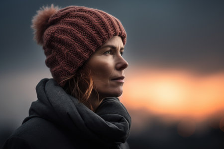 Portrait of a beautiful young woman in a winter hat and scarfの素材