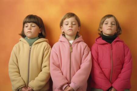 Three little girls in winter jackets on a yellow background. Studio shot.の素材