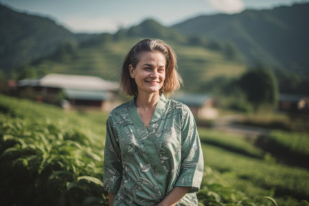 Asian woman standing in tea plantation at Mae Salong, Chiang Rai, Thailandの素材