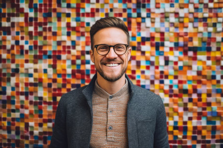 Portrait of smiling young man with eyeglasses against mosaic wallの素材