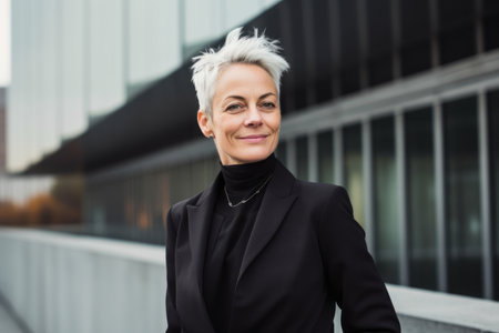 Portrait of a beautiful business woman with short white hair in the cityの素材