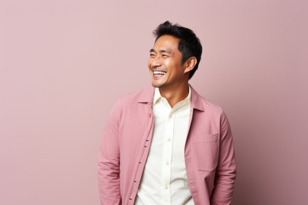 Portrait of a happy young asian man isolated on pink backgroundの素材