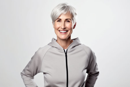 Smiling senior woman with gray hair posing isolated on a white backgroundの素材