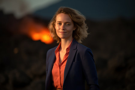 Portrait of a young businesswoman standing in front of a bonfireの素材