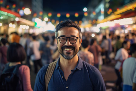 Handsome asian man wearing glasses in the city at night.の素材