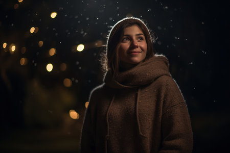 Portrait of a young woman in a warm brown coat on a background of the night city.の素材
