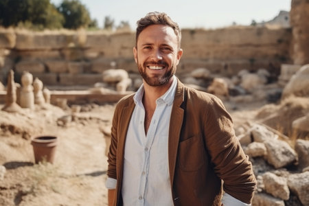 Portrait of a smiling man standing in the ruins of an ancient templeの素材