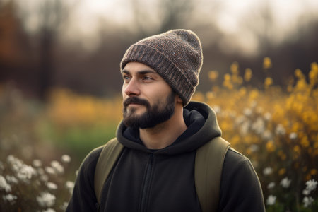 Portrait of a bearded man in a knitted hat on a background of yellow flowersの素材