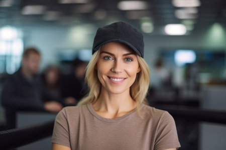 Portrait of smiling woman in cap looking at camera in fitness studioの素材
