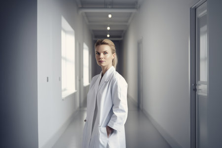 Portrait of young female doctor in white coat standing in hospital corridorの素材