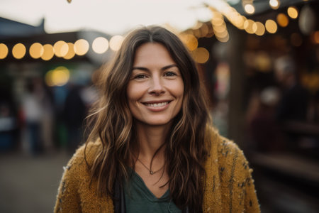 Portrait of a beautiful young woman smiling at the camera outdoors.の素材