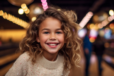 Portrait of a cute little girl with curly hair in a restaurantの素材