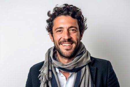 Portrait of a handsome young man with curly hair and scarf on white backgroundの素材