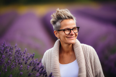 Portrait of a smiling middle-aged woman in a lavender fieldの素材