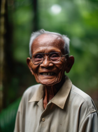 Old man with eyeglasses smiling at the camera in the garden.の素材