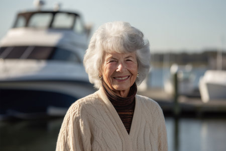 Portrait of a happy senior woman standing in front of her boatの素材