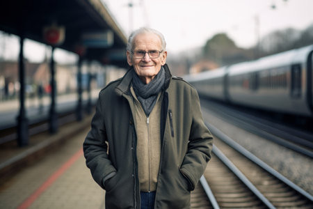 Portrait of a senior man standing on the platform of a train stationの素材