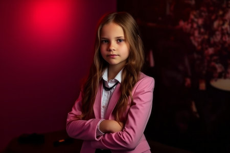 Portrait of a beautiful little girl with long hair in a pink suit.の素材