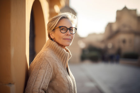 Portrait of a beautiful middle-aged woman in glasses on the background of an old buildingの素材