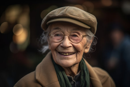 Portrait of an old woman in a hat and glasses with a smileの素材