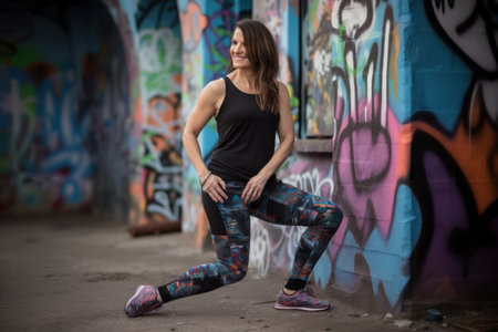 Beautiful young sporty woman in sportswear posing against graffiti wallの素材