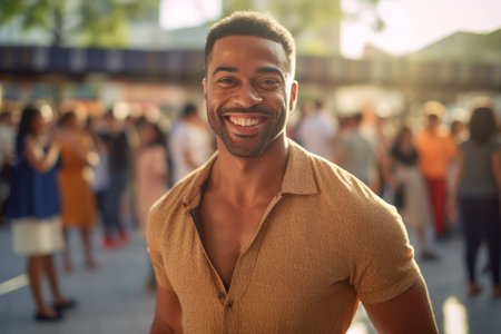 Portrait of handsome african american man smiling while standing outdoorsの素材