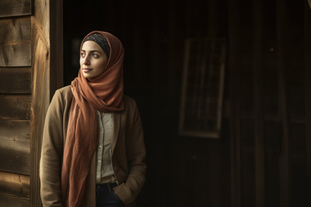 Portrait of a young muslim woman with hijab standing in front of a wooden doorの素材