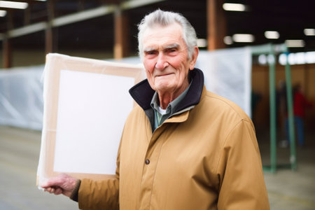 Portrait of senior man holding placard in the market at daytimeの素材