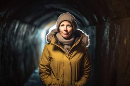 Portrait of a woman in a yellow jacket in a dark tunnelの素材