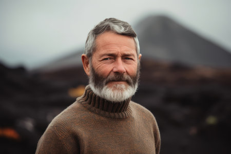 Portrait of a senior man with gray hair and beard, wearing a brown sweater, standing in front of a volcano, looking at the cameraの素材