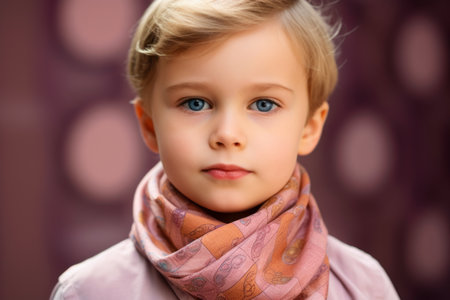 Portrait of a beautiful little girl with blue eyes and pink scarfの素材