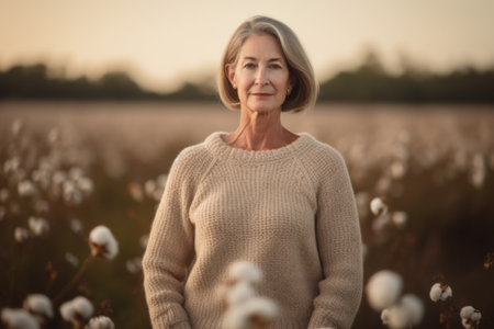 Portrait of a beautiful senior woman standing in a field of cottonの素材