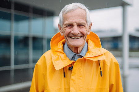 smiling senior man in raincoat looking at camera while standing in rainの素材