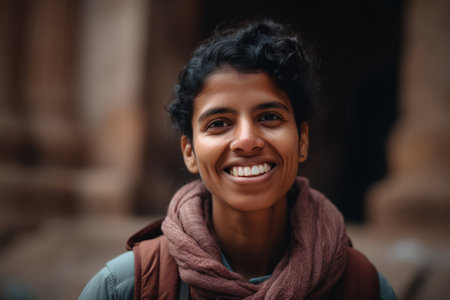 Close up portrait of a smiling young woman with scarf in the cityの素材