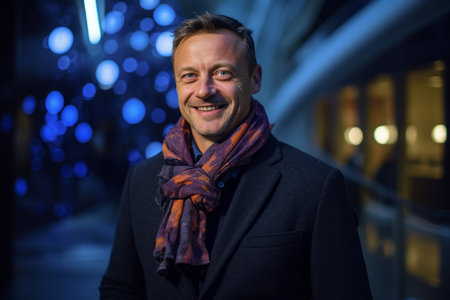 Portrait of a handsome man with scarf in the city at nightの素材
